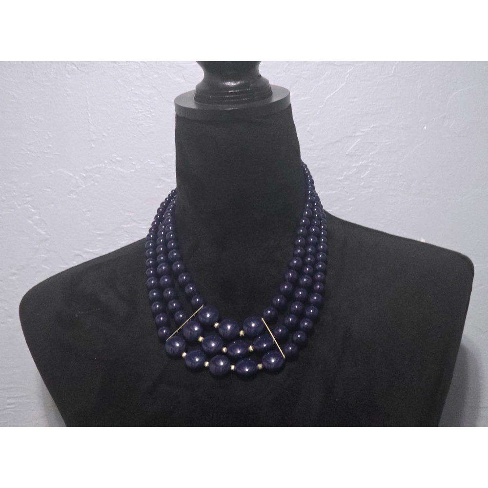 Coldwater Creek Navy Blue Multi Strand Bib Necklace Gold Tone Accents Adjustable